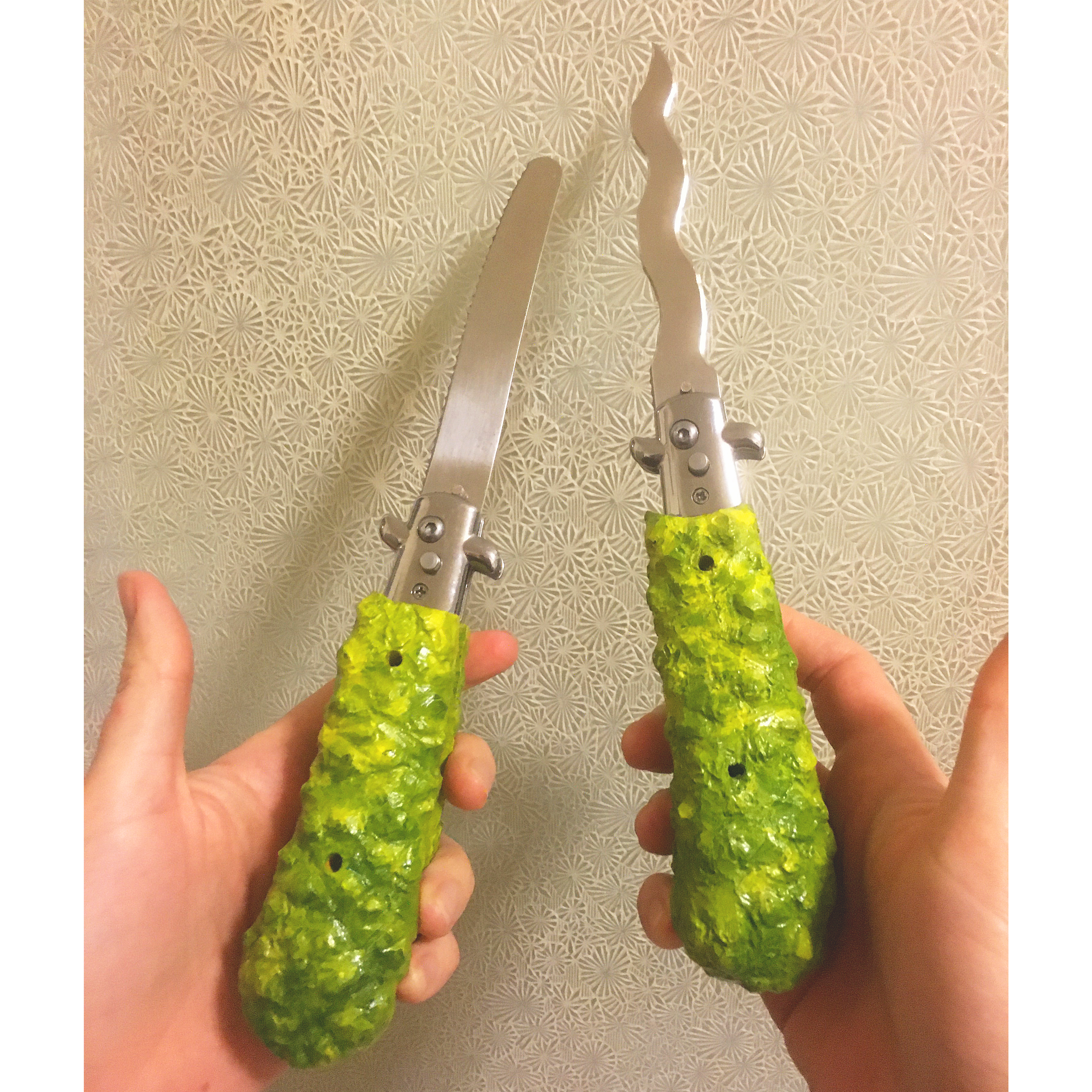 Brent Owens Pickle Switchblades, 2019, wood, stainless steel, acrylic, 10 x 2 x 2 inches